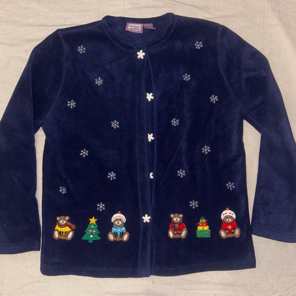 Vintage Premier International Navy Fleece Christmas Cardigan